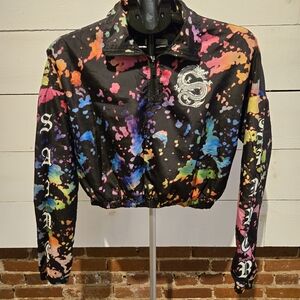 Rue21 Women’s Cropped 1/4 Zip Jacket – Saint / Sinner Dragon Graphic – Tie Dye S